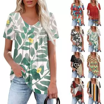 Женский повседневный топ с V-образным вырезом, коротким рукавом, оборкой на груди и принтом L чёрный