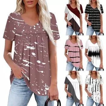 Женский повседневный топ с V-образным вырезом, коротким рукавом, оборкой на груди и принтом L чёрный