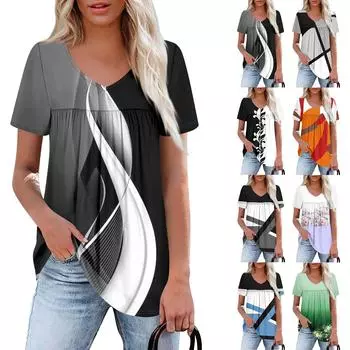 Женский повседневный топ с V-образным вырезом, коротким рукавом, оборкой на груди и принтом L чёрный