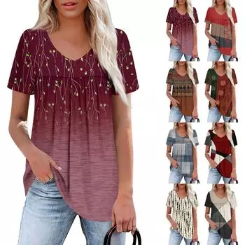 Женский повседневный топ с V-образным вырезом, коротким рукавом, оборкой на груди и принтом L синий