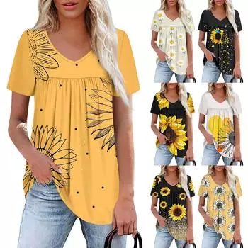 Женский повседневный топ с V-образным вырезом, коротким рукавом, оборкой на груди и принтом L бежевый