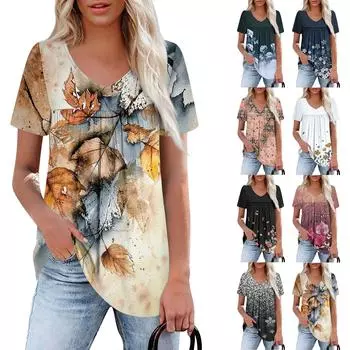 Женский повседневный топ с V-образным вырезом, коротким рукавом, оборкой на груди и принтом L чёрный