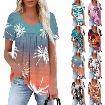 Женский повседневный топ с V-образным вырезом, коротким рукавом, оборкой на груди и принтом S