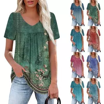 Женский повседневный топ с V-образным вырезом, коротким рукавом, оборкой на груди и принтом S