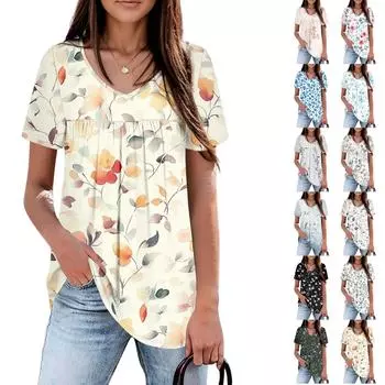 Женский повседневный топ с V-образным вырезом и короткими рукавами, плиссированный на груди, с короткими рукавами L бежевый