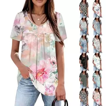 Женский повседневный топ с V-образным вырезом и короткими рукавами, плиссированный на груди, с короткими рукавами L чёрный