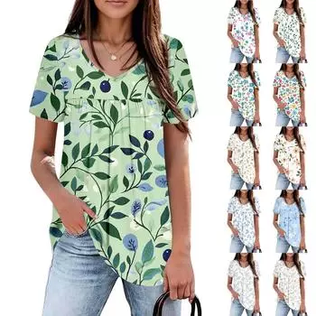 Женский повседневный топ с V-образным вырезом и короткими рукавами, плиссированный на груди, с короткими рукавами L армия зеленый