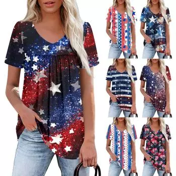 Женский повседневный топ с V-образным вырезом, коротким рукавом, оборкой на груди и принтом L