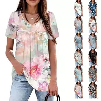 Женский повседневный топ с V-образным вырезом и короткими рукавами, плиссированный на груди, с короткими рукавами S зелёный