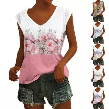 Женский повседневный топ с v-образным вырезом и принтом, свободный пуловер, футболка с короткими рукавами S бежевый