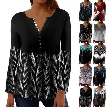 Женский повседневный топ свободного покроя с длинным рукавом и пуговицами M синий