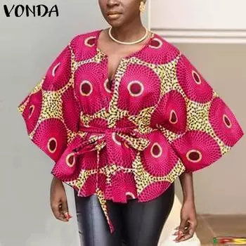 Женский повседневный топ VONDA больших размеров с v-образным вырезом и цветочным принтом, завязками на талии, свободными манжетами S шар голубой