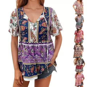 Женский повседневный топ в стиле отпуска с рубашкой с рюшами и рукавами с принтом на ремешке L зелёный