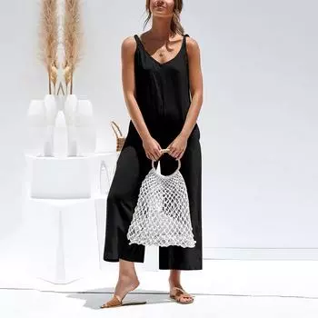 Женский повседневный удобный комбинезон без рукавов с открытой спиной и ремешком с бантом XXXL чёрный