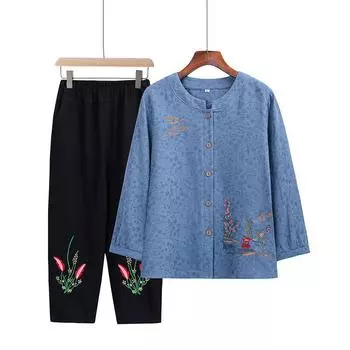 Женский повседневный удобный костюм с вышивкой на весну и осень для людей среднего и пожилого возраста, рубашка с длинными рукавами и брюки, комплект из двух предметов 5XL