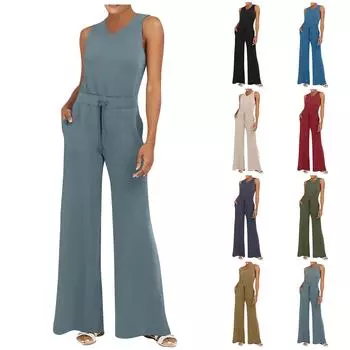 Женский повседневный универсальный однотонный комбинезон без рукавов с v-образным вырезом и прямой трубкой L чёрный