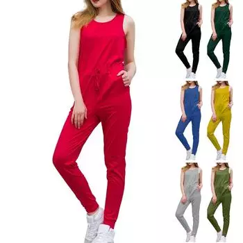 Женский повседневный универсальный однотонный свободный комбинезон без рукавов и без бретелек S красный