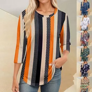 Женский повседневный универсальный топ с круглым вырезом и цветочным узором в горошек и длинными рукавами L светло-синий