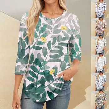 Женский повседневный универсальный топ с круглым вырезом и цветочным узором в горошек и длинными рукавами L бежевый