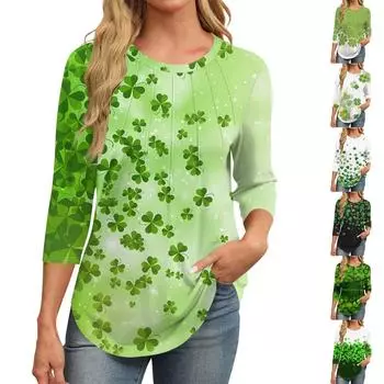 Женский повседневный универсальный топ с круглым вырезом и цветочным узором в горошек и длинными рукавами S