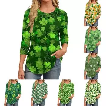 Женский повседневный универсальный топ с круглым вырезом и цветочным узором в горошек и длинными рукавами M зелёный