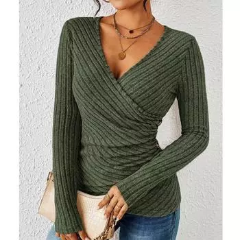 Женский повседневный универсальный топ с V-образным вырезом, однотонный, с лацканами, с длинными рукавами, свободный топ с длинными рукавами L армия зеленый