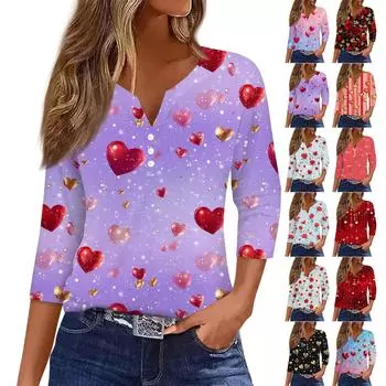 Женский повседневный универсальный топ с V-образным вырезом и рукавом три четверти на пуговицах с принтом ко Дню святого Валентина L розовый