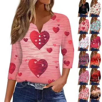 Женский повседневный универсальный топ с V-образным вырезом и рукавом три четверти на пуговицах с принтом ко Дню святого Валентина XXXL золотой