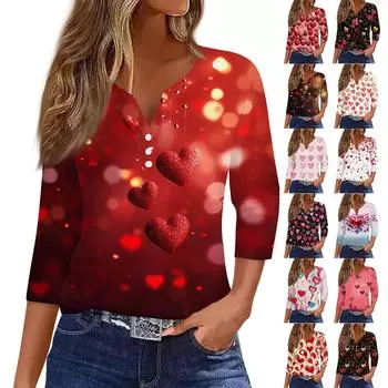 Женский повседневный универсальный топ с V-образным вырезом и рукавом три четверти на пуговицах с принтом ко Дню святого Валентина XXL золотой