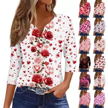 Женский повседневный универсальный топ с V-образным вырезом и рукавом три четверти на пуговицах с принтом ко Дню святого Валентина S красный