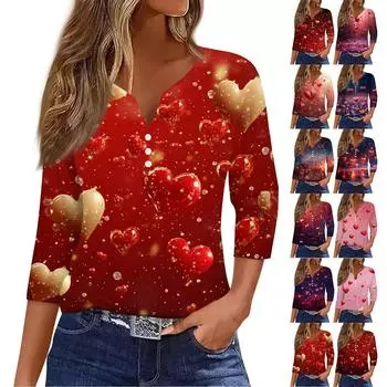 Женский повседневный универсальный топ с V-образным вырезом и рукавом три четверти на пуговицах с принтом ко Дню святого Валентина XXXL