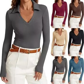 Женский повседневный универсальный топ с V-образным вырезом, однотонный, с лацканами, с длинными рукавами, свободный топ с длинными рукавами L чёрный