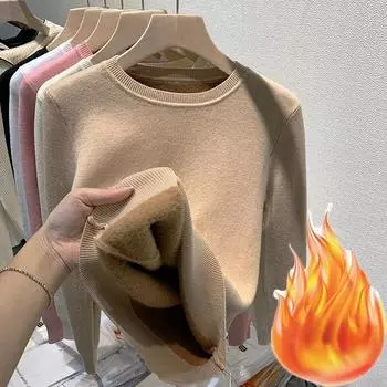 Женский повседневный утолщенный теплый свитер с круглым вырезом, мягкий, тонкий, плюс бархатный трикотажный пуловер с длинным рукавом, трикотажный джемпер One size абрикосовый