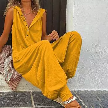 Женский повседневный винтажный комбинезон на пуговицах, летний пляжный комбинезон с перекрещивающимися брюками, модный свободный однотонный комбинезон без рукавов с капюшоном, уличная одежда L армия зеленый