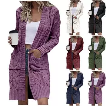 Женский повседневный вязаный кардиган с длинными рукавами, свободный карманный свитер, куртка XL чёрный