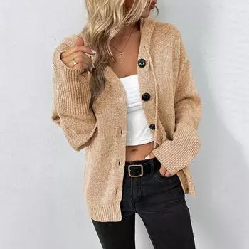 Женский повседневный вязаный кардиган с капюшоном и кулиской для осени и зимы L коричневый