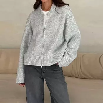Женский повседневный вязаный кардиган с круглым вырезом, осень-зима, свободный свитер с длинным рукавом на молнии, винтажный однотонный универсальный трикотаж S серый