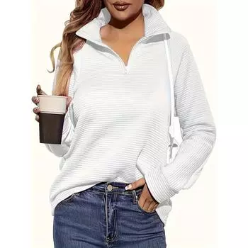 Женский повседневный вязаный свитер на молнии, пуловер свободного кроя с V-образным вырезом и длинными рукавами, однотонный, подходит для носки весной и осенью, обычный низ S белый