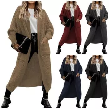 Женский повседневный вязаный свитер однотонный с карманным кардиганом, куртка L чёрный