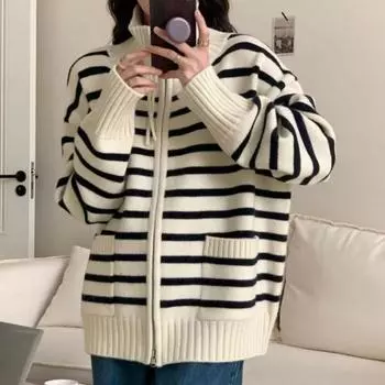 Женский повседневный вязаный свитер, осенний корейский свободный кардиган с воротником-поло, полосатый флисовый универсальный теплый свитер на молнии, верхняя одежда L чёрный