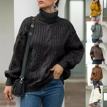 Женский повседневный вязаный свитер с длинным рукавом, массивная водолазка, зима-осень, свитер с длинными рукавами, свитер L серый