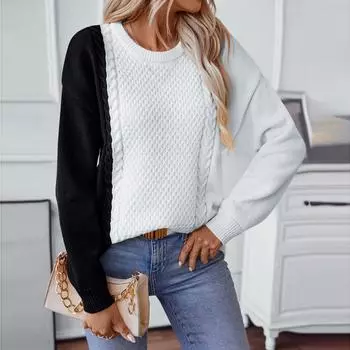 Женский повседневный вязаный свитер с круглым вырезом и длинными рукавами, контрастного цвета, с витым цветочным узором L чёрный