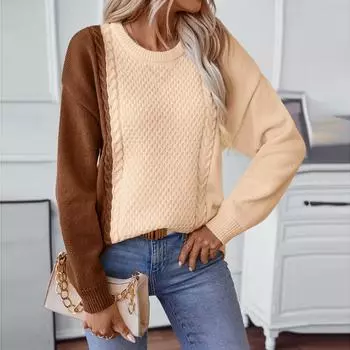 Женский повседневный вязаный свитер с круглым вырезом и длинными рукавами, контрастного цвета, с витым цветочным узором M