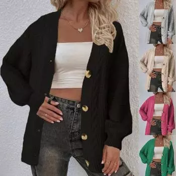 Женский повседневный вязаный свободный массивный свитер с открытым передом, кардиган, пальто с длинными рукавами, верхняя одежда M чёрный