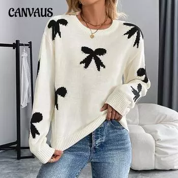 Женский повседневный жаккардовый свитер с круглым вырезом и бантом на осень и зиму S бежевый