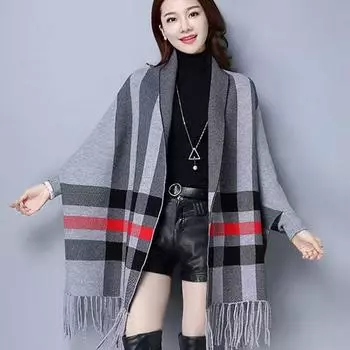 Женский повседневный женский свитер с длинными рукавами, женская шаль, двухсторонняя накидка, куртка в клетку, трикотажный утолщенный теплый кардиган one size чёрный
