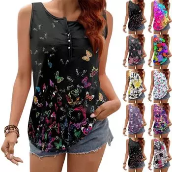 Женский повседневный жилет без рукавов с принтом и V-образным вырезом L чёрный