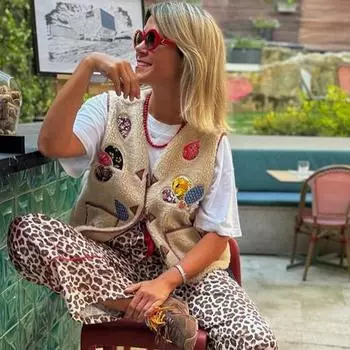 Женский повседневный жилет из овечьей шерсти с принтом, V-образным вырезом, без рукавов, с роговыми пуговицами, карманами, майками, осенний винтажный уличный жилет S