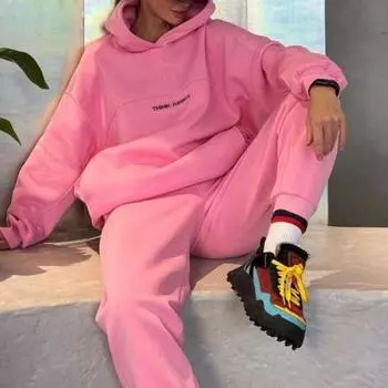 Женский принт с длинным рукавом и капюшоном с круглым вырезом, толстовки, костюм осень-зима, свободный топ, широкие брюки M