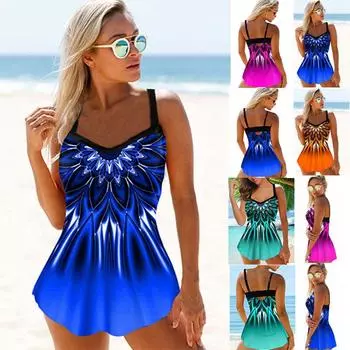 Женский принт Tankini Set Купальник Купальники Купальный костюм Пляжная одежда Две части Бикини Плюс размер S оранжевый